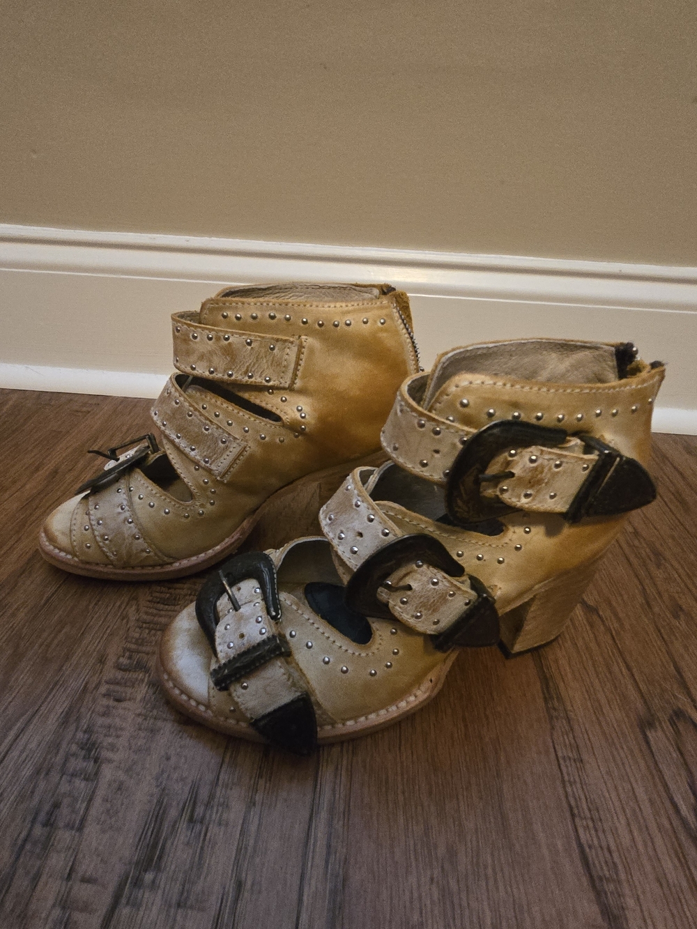 freebird Tan Studded Buckle Heeled Sandals